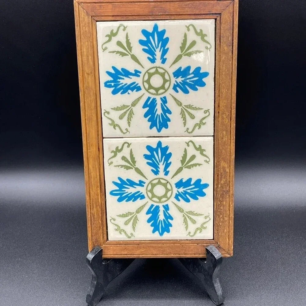 Handmade Tile framed decorative trivet hot plate w/ Mexican tiles Wooden Edging